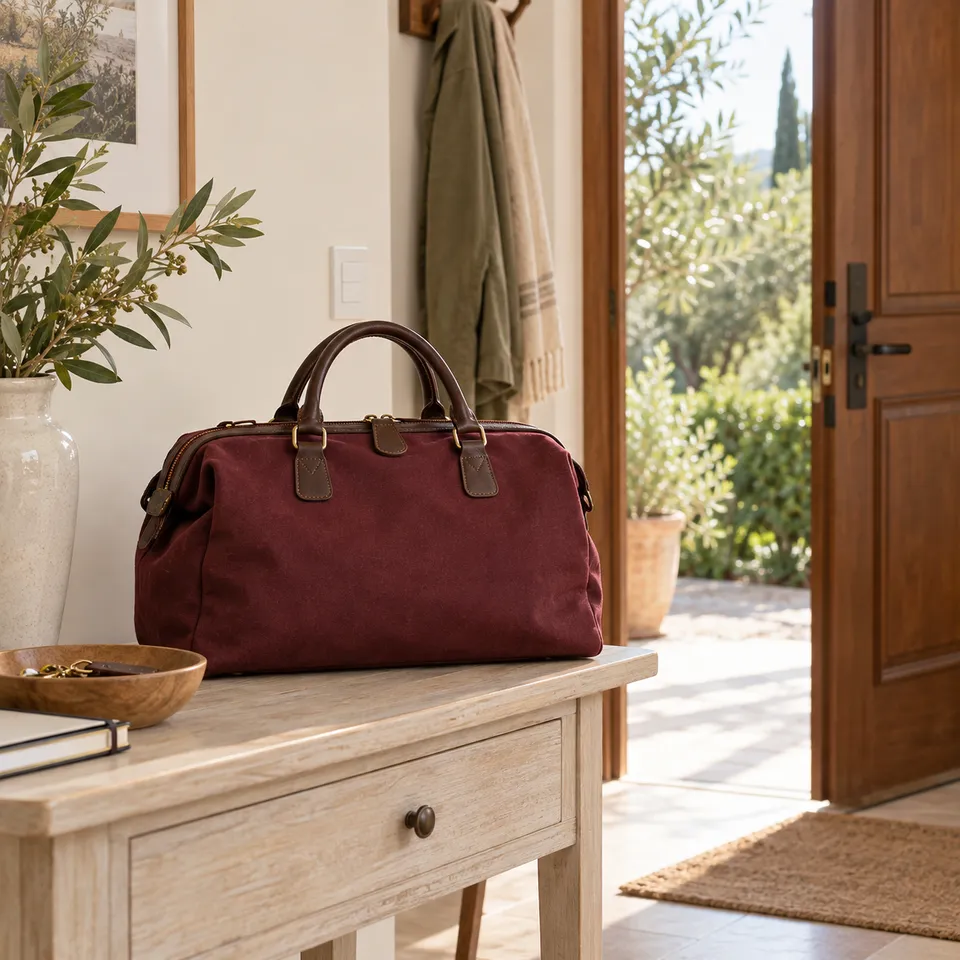 Bolso para una visita médica junto a la entrada de una vivienda